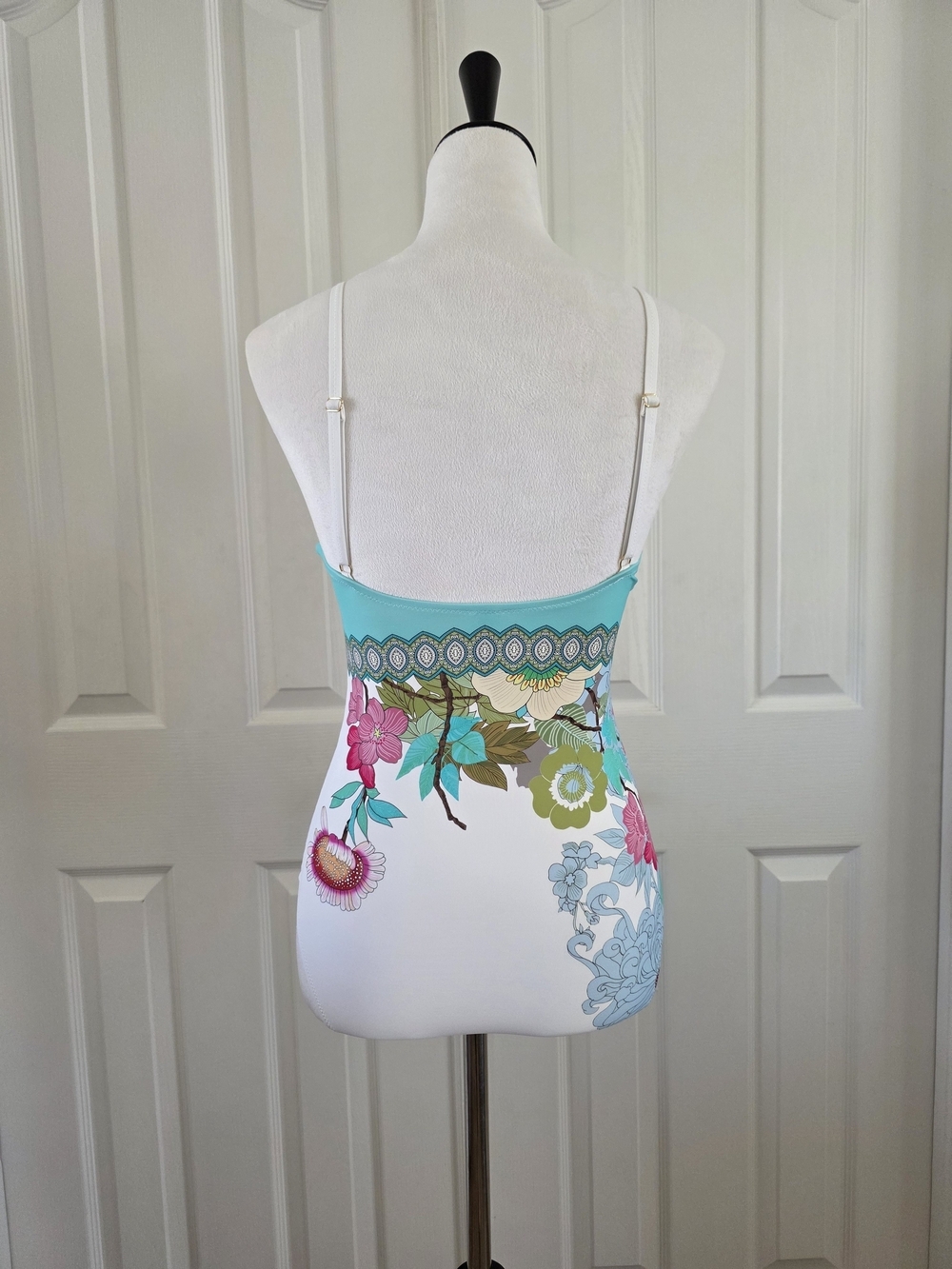Johnny Was Cora Lace Up One Piece Swimsuit Blue Floral Print SZ S Boho Resort - Picture 5 of 14